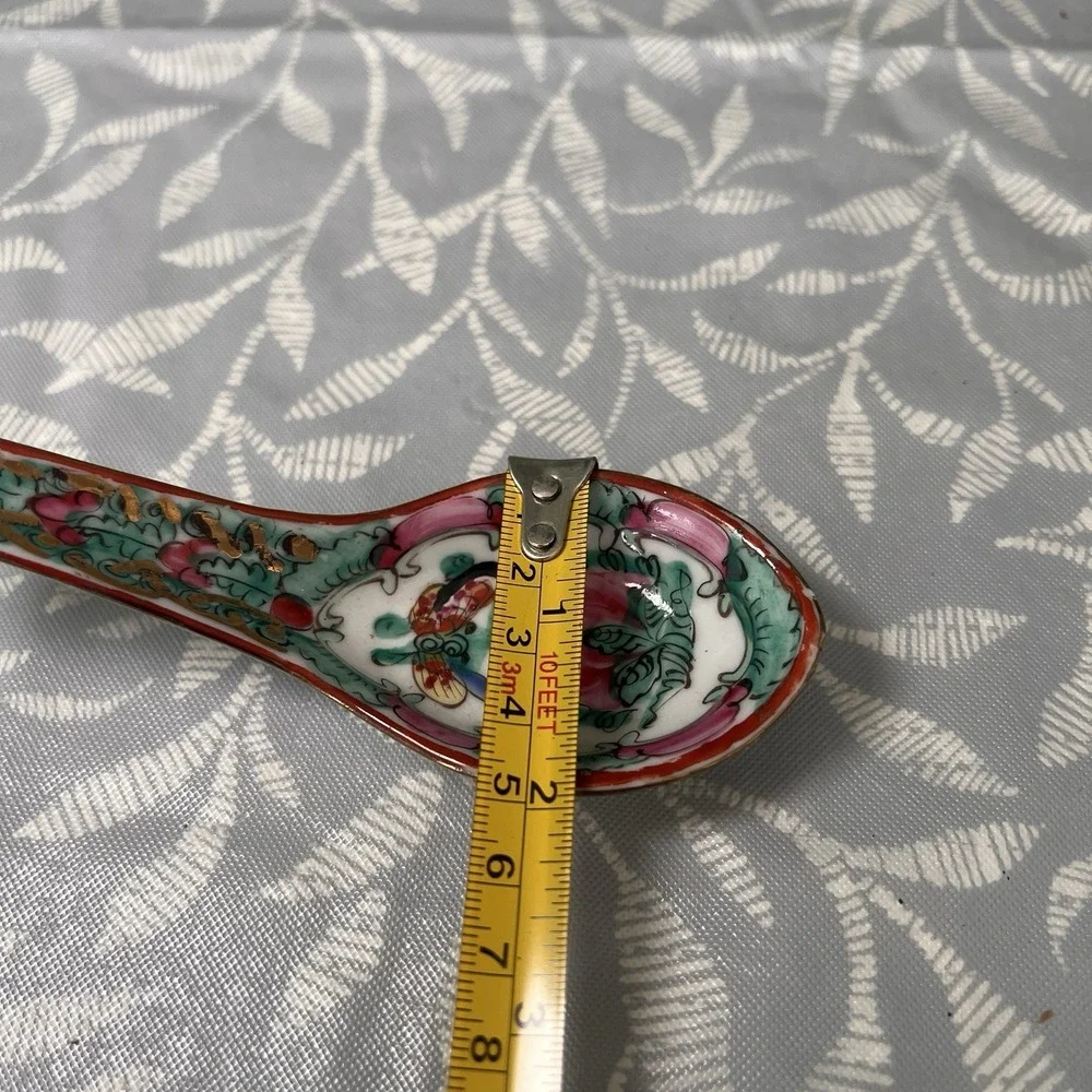 Vintage Japanese Porcelain‎ Soup Spoon Hand Decorated in Hong Kong Pink Teal